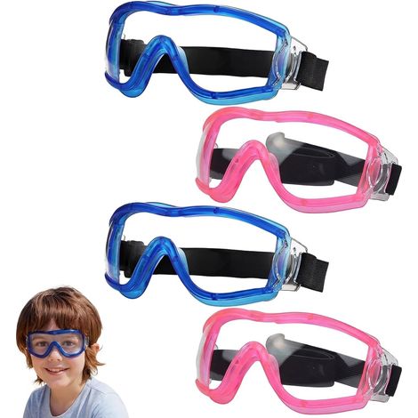 Set of 4 Children's Protective Glasses, Anti-Fog Safety Glasses with Adjustable Strap for 5 to 12 Years (Pink+Blue) (1/5)