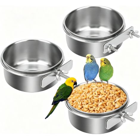 Juego de 3 comederos de acero inoxidable con soporte de sujeción para pájaros, loros y animales pequeños. (1/5)