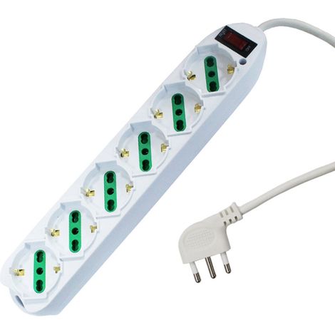 Multipresa Ciabatta Elettrica Cavo 1,5M Con 6 Posti Prese Universale 10/16A Schuko e Interruttore Spina 10A Laterale Bianco (1/2)