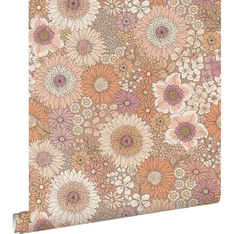 papier peint fleurs rétro terracotta, violet et blanc - ESTAhome (1/5)