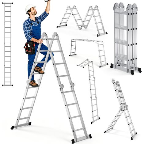 Jiubiaz 7in1 Mehrzweckleiter 4x4 Stufen aus Aluminium, ca. 470cm / 4.7m, Multifunktions-Gelenkleiter, Klappleiter & Stehleiter, max. Belastbarkeit 150 kg (1/5)
