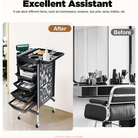 Rollwagen Friseurwagen Bedienungswagen mit 5 Schubladen und Rollen,Salon Arbeitswagen Rollwagen Trolley Stylist Friseur (Schwarz) (1/5)