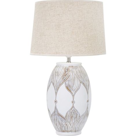 Lampada da tavolo Atene in resina ovale con motivo a piume stile Boho Chic