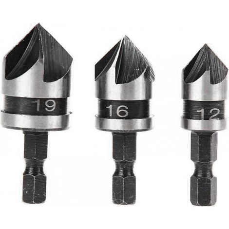 Degrés 5 Flûte Fraises à Chanfreiner Set Pour 12 et 16 Changement Rapide 4" Hex Foret en au Carbone Outil 3pcs 19mm Acier Métal Bois (1/5)
