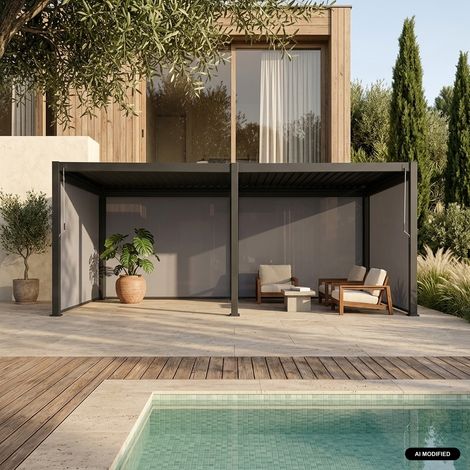 Pergola bioclimatique en aluminium. lames orientables 3x6m + 4 stores 3m TRIOMPHE anthracite (1/5)