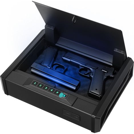 VEVOR Caja Fuerte para Pistolas de Acero, con 3 Formas de Acceso por Huella Dactilares, Contraseña y Llave, Caja Fuerte para Armas con Iluminación, Capacidad de 2 Pistolas y 2 Cargadores, Negro