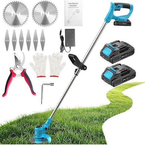Coupe Bordure sans Fil 21V, Débroussailleuse Electrique sans Fil avec 2 Batteries 2.0Ah, 2 Types de Metal Lames Débroussailleuse Batterie, Sécateur de Jardin, Poignée Réglable pour Élagage (1/5)