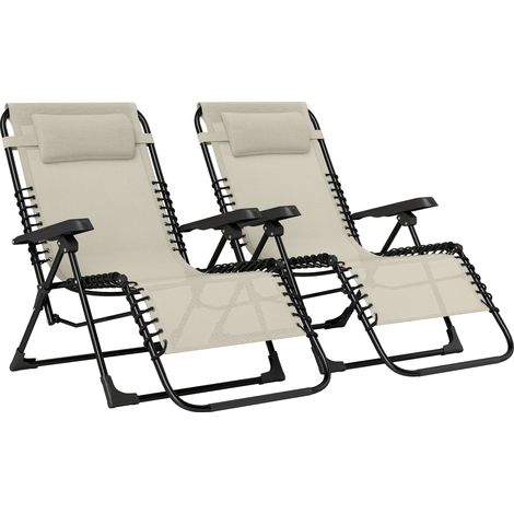 Set aus 2 Sonnenliegen, klappbare Liege mit Textilene-Kopfstütze, 90 x 65 x 112 cm, beige