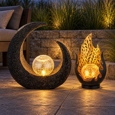 LED Solarleuchte Flamme Außenleuchte Garten Solarlampe Mond Gartenlampe, IP44 Akku, Crackle Glaskugel schwarz, 2er Set (1/5)