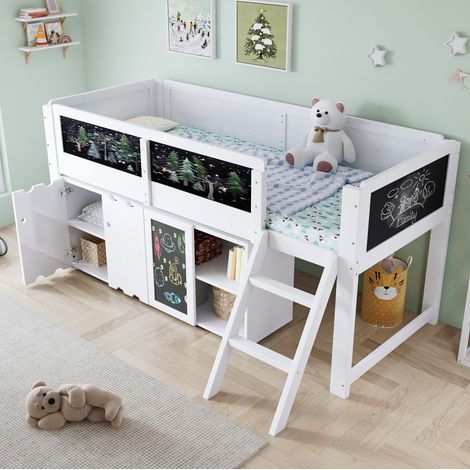 Hochbett 90x200 cm Weiß aus Massivholz, MDF und Sperrholz mit Stauraum, Tafel, Leiter und Sicherheitsgeländer (1/5)