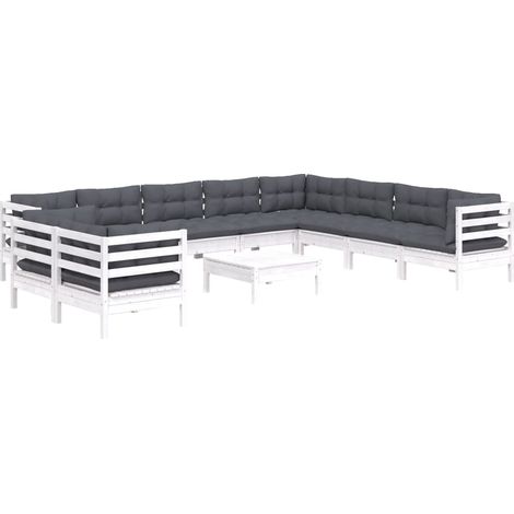 vidaXL Set Divani da Giardino 11 pz con Cuscini Bianchi Legno di Pino (1/4)