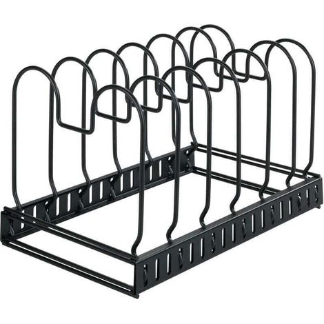 Support pour couvercles et poêles extensible, Rangement pour tiroir de cuisine ajustable, 6 compartiments, Métal laqué, 30-57x18x18 cm, Noir