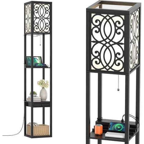 COSTWAY Lampada a Stelo con Ripiani e Cassetto, Lampada a Piantana Moderna con 1 Presa Elettrica e 2 Porte USB, Lampada da Terra per Salone e Camera da Letto, 26 x 26 x 160,5 cm, Modello 2 (1/5)