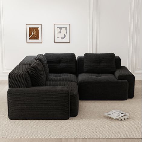 Sofá esquinero modular 206x206x69 cm en tejido acanalado negro, sin montaje, para salón – MEUBLIV (1/5)