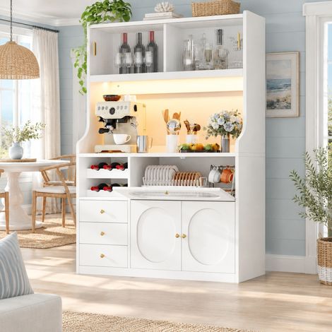 Credenza cucina alta 120 cm con LED RGB, ante scorrevoli, 3 cassetti, bianco OKMYHOME (1/5)