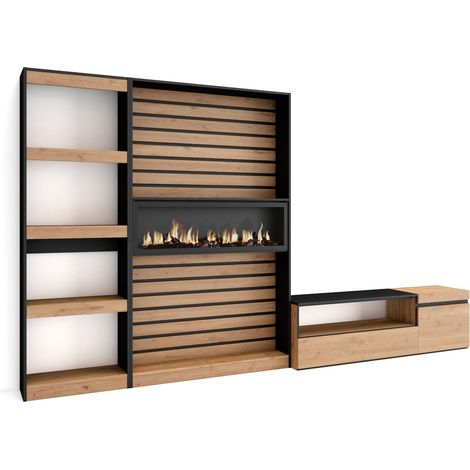 Skraut Home - Muebles de Salón para TV, Conjunto de muebles comedor, 320x186x35cm, Chimenea eléctrica, Estilo Moderno, Roble y negro (1/5)