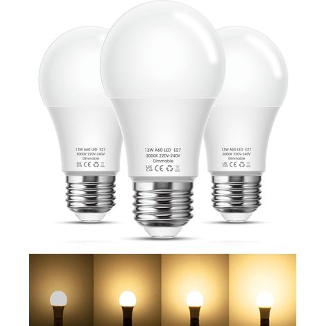 A60 ampoule LED E27 dimmable, 3000 Kelvin blanc chaud 13W remplace 100 Watt 1200Lm angle de faisceau 280°, Lot de 3,pour maison salon chambre bureau cuisine entrée (1/5)