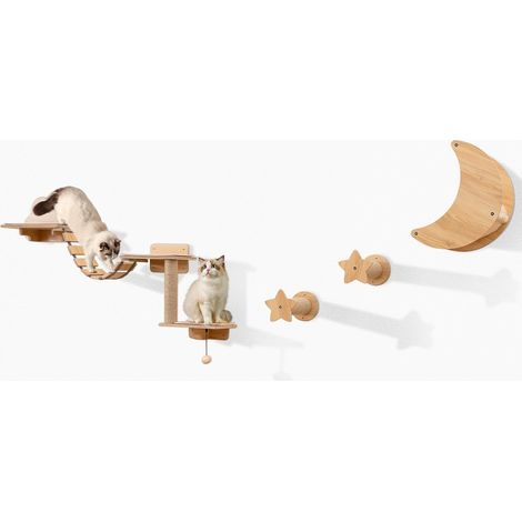 GOPLUS Arbre a Chat Mural avec Hamac Confortable, 2 Griffoirs, 2 Plateformes, Un Pont, 3 Tapis et Un Pompon Suspendu, Arbre à Chat Montage Personnalisée Mural pour Chats pour Salon, Chambre