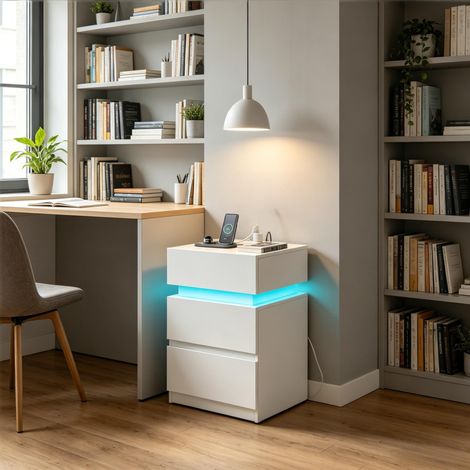 Set di 2 comodini 40x35x55 cm bianchi in legno con LED regolabile, 2 cassetti e presa con USB (1/5)