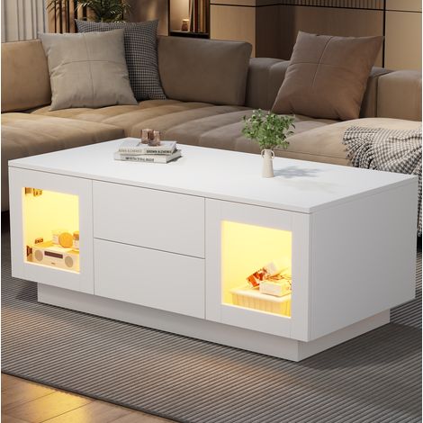 Tavolino da salotto LED 100 x 50 x 40 cm in MDF, 2 cassetti e 2 ante in vetro, bianco (1/5)