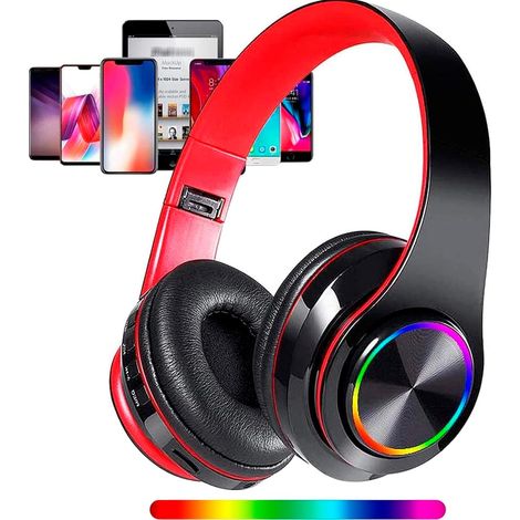 Casque audio sans fil Bluetooth supra-auriculaire avec lumières LED, son stéréo HiFi, pliable et rechargeable, idéal pour PC, voyages, bureau, enfants et adultes. (1/5)