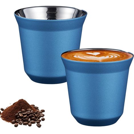 Tasses à expresso JeiibrZui - Lot de 2 - Acier inoxydable 304 - Isolation double paroi - Contenance : 80 ml - Couleur : bleu clair - Idéales pour le camping, les voyages et une utilisation quotidienne (1/5)