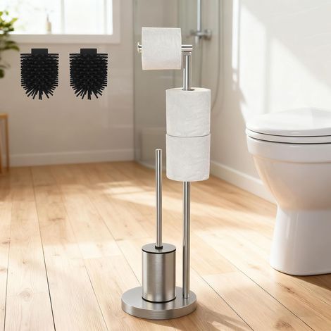 Porte Papier Toilette sur Pied avec Brose WC, Argenté (1/5)