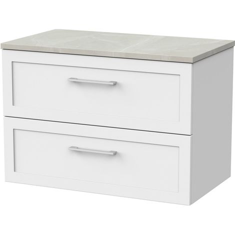 Stonnall Traditional Wall Hung 2 Drawers Vanity Unit with Marble Plaster Laminate Worktop, 800mm, Matt White