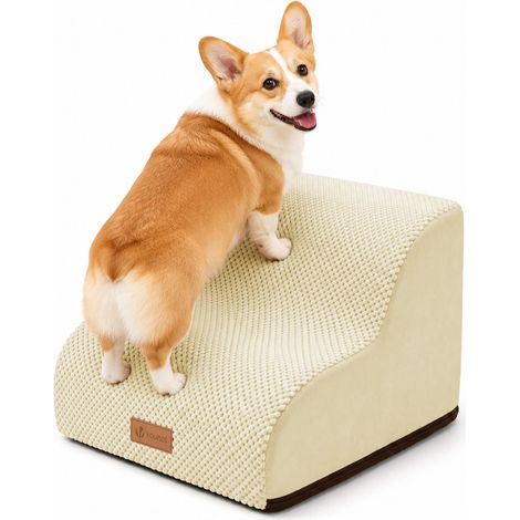 VOUNOT® Escalera para Perros 2 Peldaños 40x40x30cm Rampa para Perros Espuma Alta Densidad para Cama Sofá, Cachorros y Mascotas Mayores Antideslizante Funda Lavable Beige (1/5)