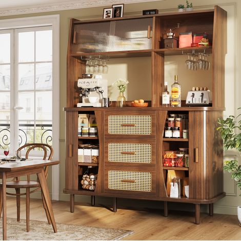 Buffet 140x40,5x174,5 cm en MDF métal couleur noyer, avec rangement, pour salle à manger FloraGrace (1/5)