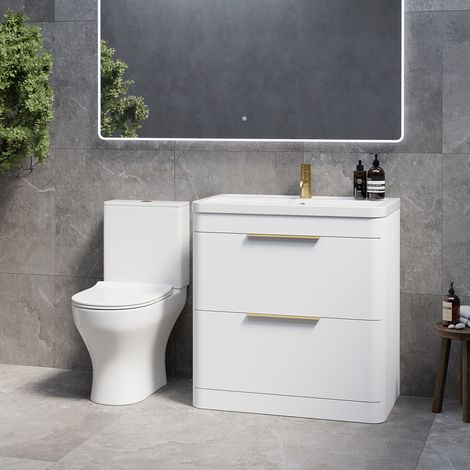 Oslo Gloss White 1350mm Vanity and Jubilee Toilet Suite with Anya Basin - 1350mm - Brushed Brass 300mm Finger Pull