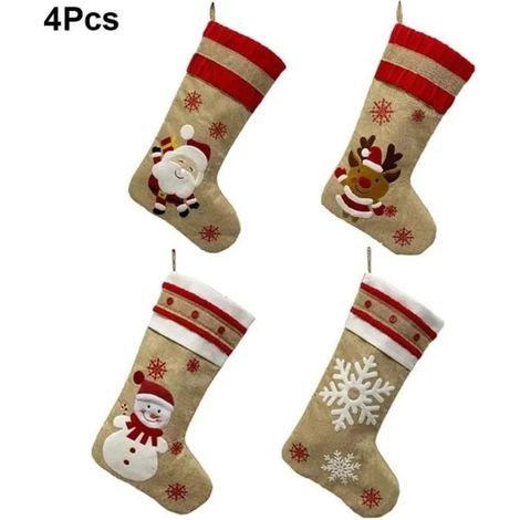 Lot de 4 chaussettes de Noël 47 cm, en lin, motif bonhomme de neige, couleurs acidulées (1/4)