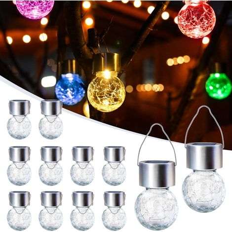 Lot de 12 lampes solaires d'extérieur à suspendre pour décoration, lampes solaires en verre craquelé, étanches pour jardin, cour, clôture, arbre (changement de couleur) (1/5)
