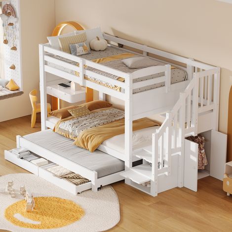 Lit superposé enfant 90x200 cm avec lit gigogne, 2 tiroirs, escalier de rangement et armoire intégrée, bois, blanc (1/5)