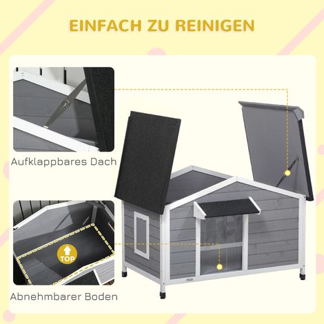 Cabane pour chien en bois massif, résistant aux intempéries, toit en asphalte, fond amovible, 109 cm x 79 cm x 72 cm, Gris et Blanc (1/4)
