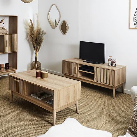 Altobuy – Ensemble de meubles de salon effet bois – Table basse 100x50xH43cm – Meuble TV 117x40xH48cm – Structure en MDF et pin massif