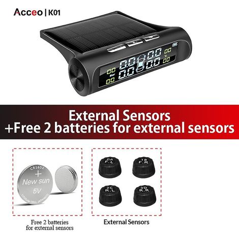 Système d'alarme de pression des pneus pour voiture, à énergie solaire, avec affichage numérique, système de surveillance de la pression des pneus TPMS pour voiture intelligente et pompe à air (K01 - (1/5)