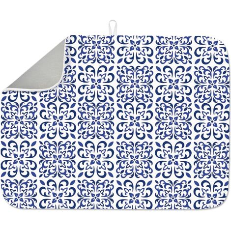 Tapis de séchage à vaisselle motif floral bleu, 45 x 60 cm, motif mandala bohème, tapis d'égouttoir méditerranéen, tapis de séchage à imprimé floral bleu pour table, comptoir, évier, café, bar (1/5)