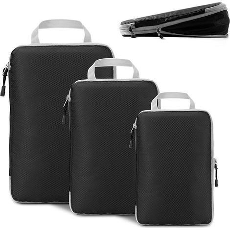 Organisateur De Voyage, 3 Pièces Bagage Sac Compression, Sac Compression Voyage Packing Cubes, Rangement Valise, Organisateur Valise pour Les Vacances et Les Voyages Noir (1/5)