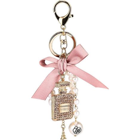 Pendentif créatif fait main en alliage, flacon de parfum incrusté de diamants, porte-clés nœud et perle - champagne (1/2)