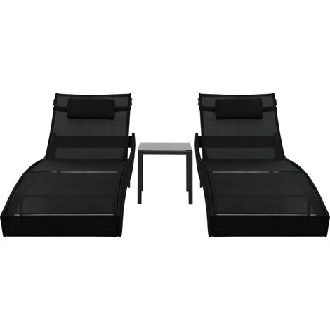 Chaise longue Transat Bain de soleil 2 pcs et table Résine tressée et textilène Noir