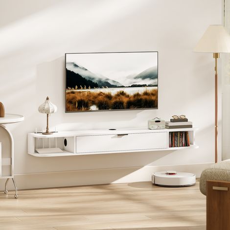 Meuble TV Suspendu, Meuble Télé pour Téléviseur jusqu'à 60 Pouces, Tiroir Rabattable, 2 Étagères, 140x24x16cm, Blanc (1/5)