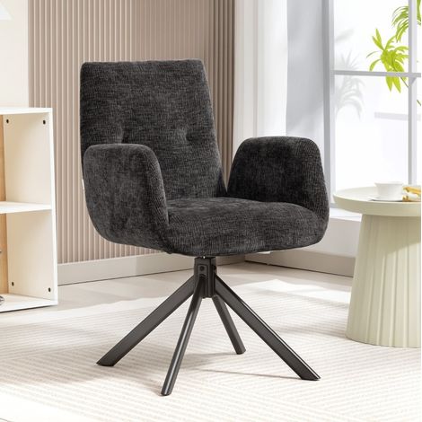 REDOM - Sillón giratorio moderno, respaldo capitonado, asiento cómodo, patas de acero regulables, poliéster negro (1/5)