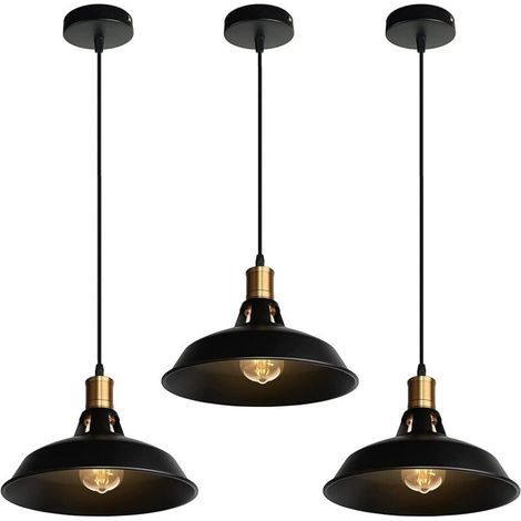 Vintage Industrial Chandelier Pendant Light Ceiling Light E27 Living Room Metal Ceiling Lampshade Retro Nordic Style Design Adjustable Cable (Black, 3pcs) (1/5)