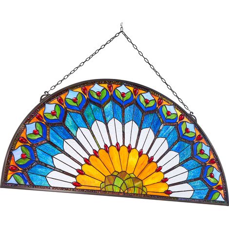 Mophorn Pannello per finestra in vetro colorato, 36 x 18 pollici, traversa sospesa ispirata a Tiffany con catena, opera d'arte decorativa in vetro semicircolare per cucina e casa (1/5)