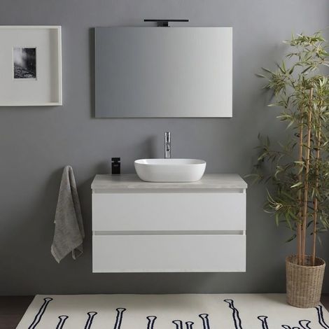 Mobile Bagno Sospeso 80Cm Bianco Lucido Top Beton Moderno Benaco