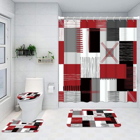 Ensemble de rideau de douche, comprenant un tapis de sol antidérapant, un tapis de toilette et un rideau de douche, rouge (1/5)
