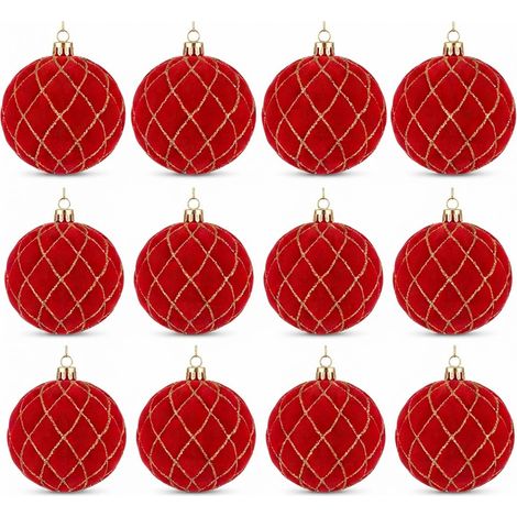 12 Palline per Albero di Natale 8 cm Velluto ROSSO con Decorazioni oro Palla sfera natalizia' addobbi rossi ghirlande Eleganti e particolari arredo casa e locali commerciali (1/5)