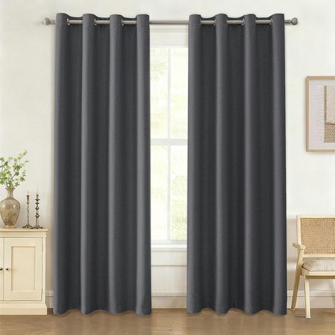 Lot De 2 Rideaux Occultants Thermiques 140x240 Cm Effet Lin Gris Foncé Pour Salon