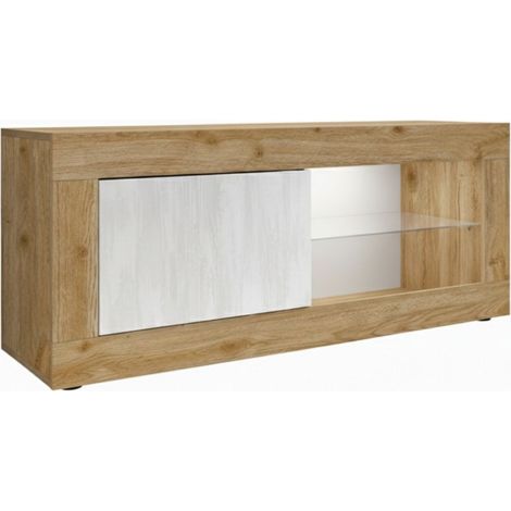 Meuble TV 1 portes 2 niches aspect bois finition Cadiz façades blanc texturées avec Leds - OTELLO (1/5)